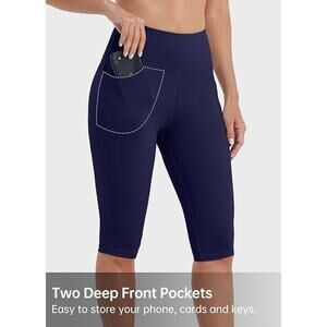 XXL Willit Women's Blue Exercise Leggings Knee Length with Pockets Tummy Control